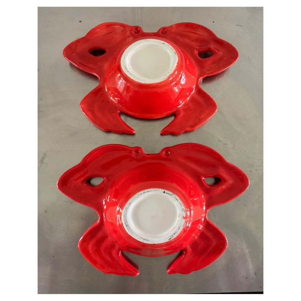 Le Gourmet Chef Vintage Red Ceramic Crab Serving Bowl and Dipping Cup Set 4pc